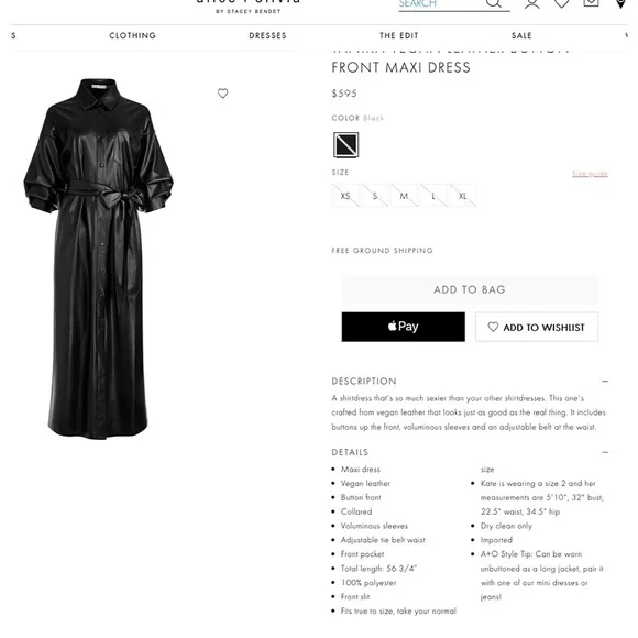 Alice + Olivia Tanika Vegan Leather Button Front Collared Black Maxi Dress Alice + Olivia Tanika Vegan Leather Button Front Collared Black Maxi Dress